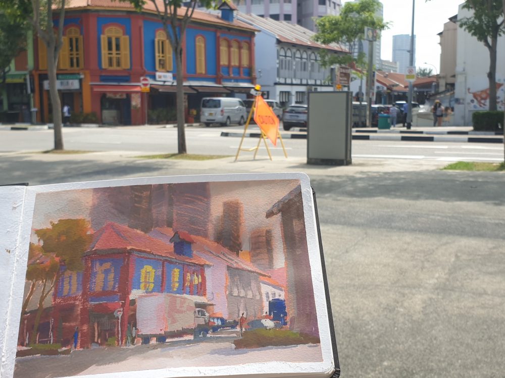 My gouache sketch at Race Course Road, Little India, Singapore