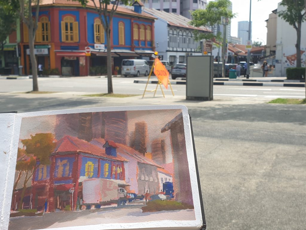 My gouache sketch at Little India, Singapore